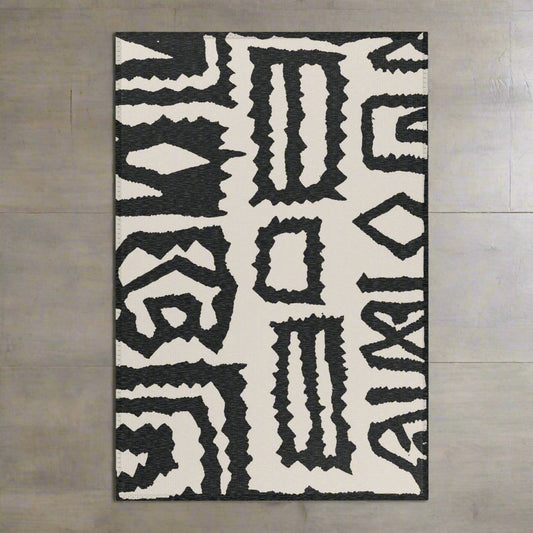 White + Black African Mudcloth Area Rug - Boho Chic Design for Living Room and Bedroom | Eco-Friendly Home Decor