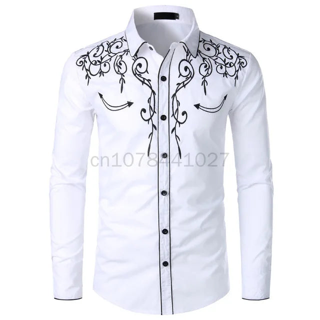 Western Cowboy Shirts Men Long Sleeve Embroidered Shirts Spring Autumn Slim Fit Casual Button Down Black White Shirt Male