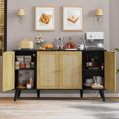 Mid Century Modern Sideboard Buffet Cabinet with Storage and Rattan Cabinetry