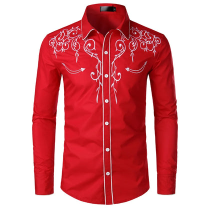 Western Cowboy Shirts Men Long Sleeve Embroidered Shirts Spring Autumn Slim Fit Casual Button Down Black White Shirt Male