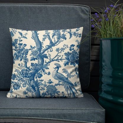 French toile de jouy Premium Pillow, Blue Floral Pillow, Cream Pillow, Toile Home Decor