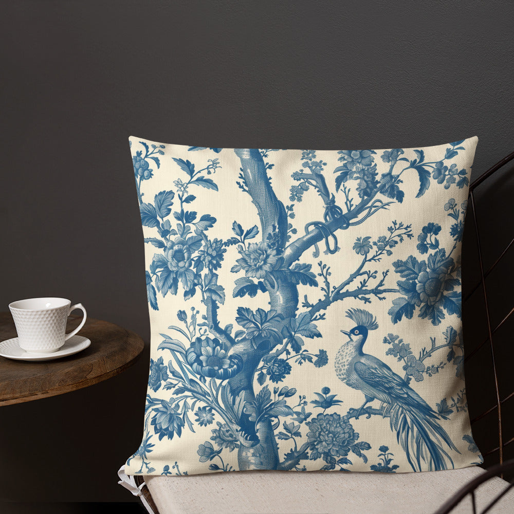 French toile de jouy Premium Pillow, Blue Floral Pillow, Cream Pillow, Toile Home Decor