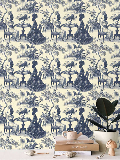 High Tea in the Garden Toile de Jouy Wallpaper